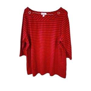 d & co. Essentials Red & Navy Horizontal Striped 3/4 Sleeved Plus Sized Top 1X